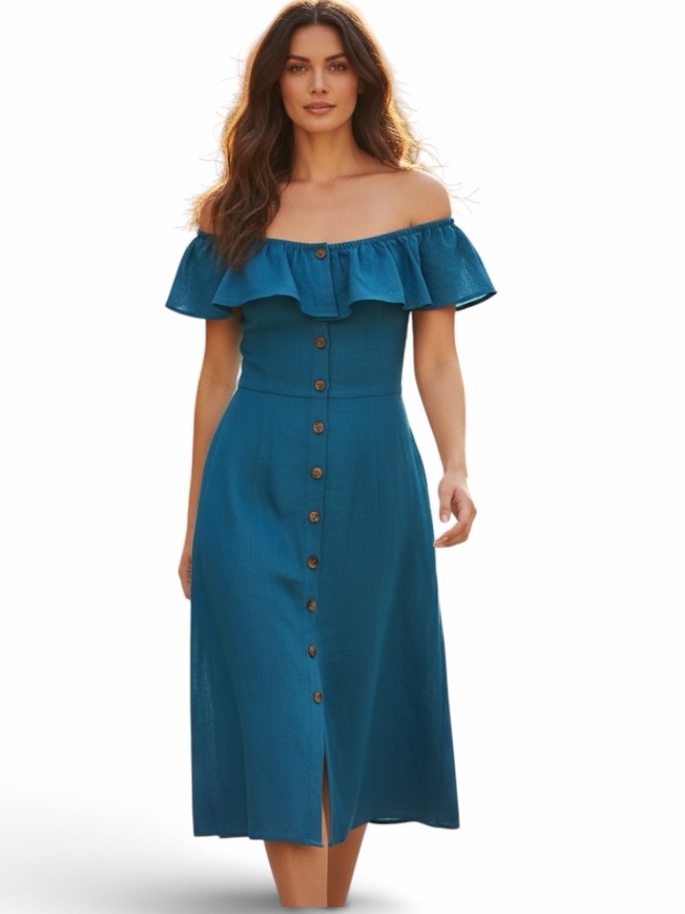 ANTONIO MELANI Ocean Blue Off-Shoulder Button Up Midi Dress Linen Blend Coastal